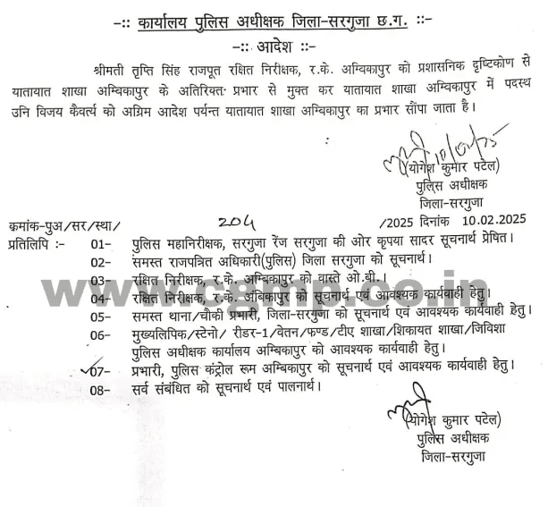 अंबिकापुर यातायात प्रभारी तृप्ति सिंह राजपूत को हटाया गया, विजय कैवर्त्य को सौंपी गई जिम्मेदारी : Ambikapur traffic in-charge 2 Screenshot 20250211 020043 1