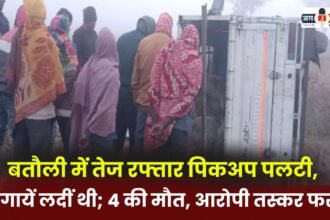 Speeding pickup truck overturns in Batauli; 9 cows were loaded on board; 4 cows died, accused smuggler absconded